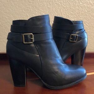 Black Booties with brass buckle detail, like new!